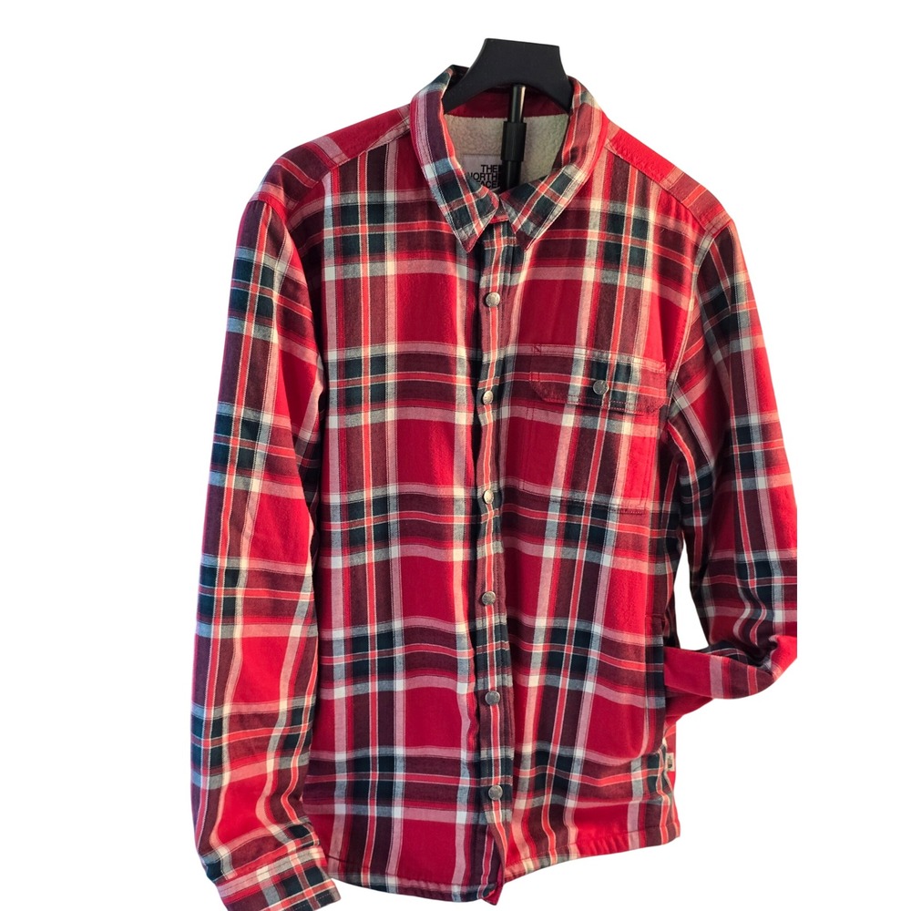 The North Face Mens Red Plaid Campshire Sherpa Fleece Lined Shirt Jacket Lg